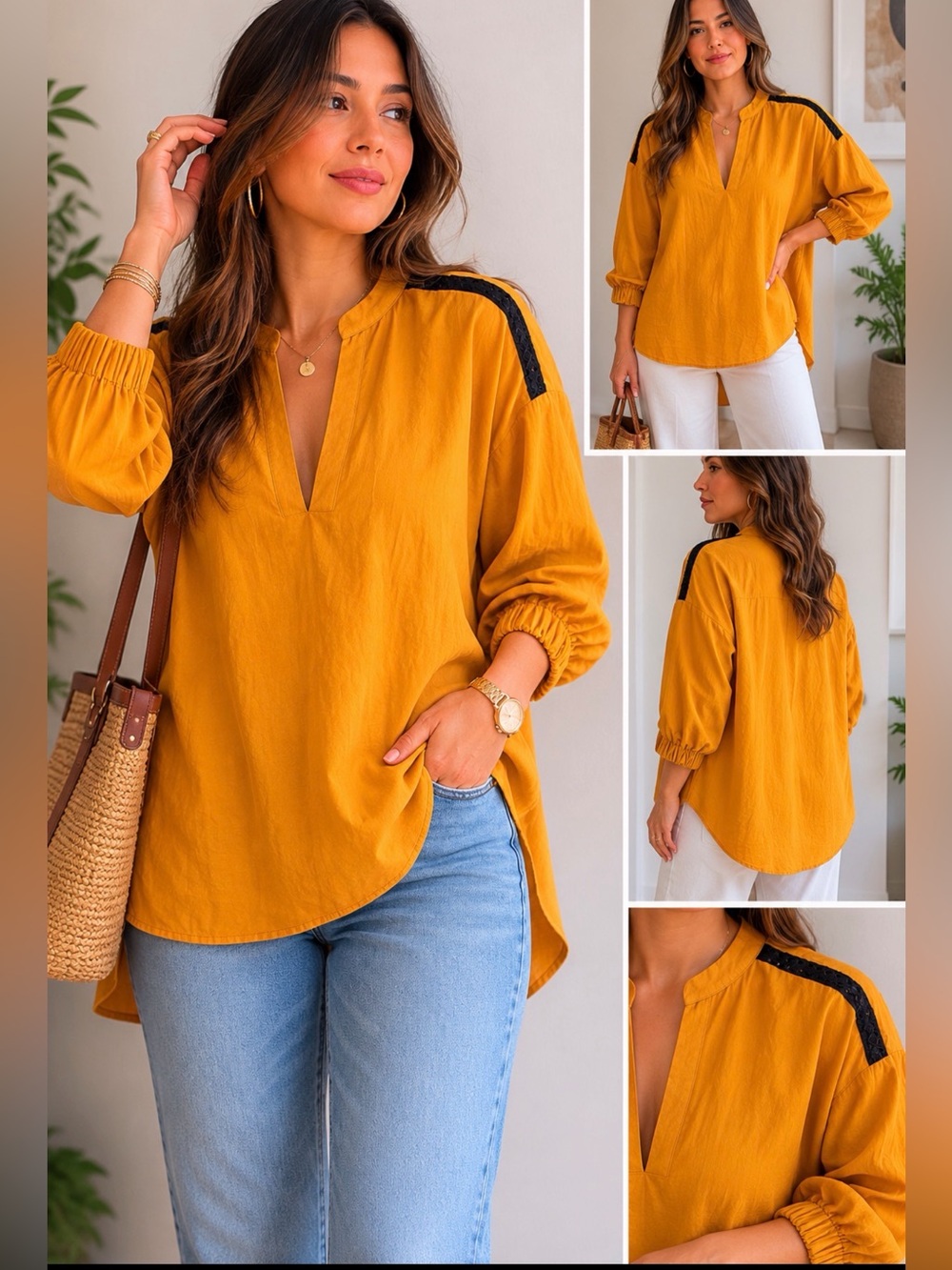 Zara Ochre Split-Neck Tunic with Black Shoulder Trim